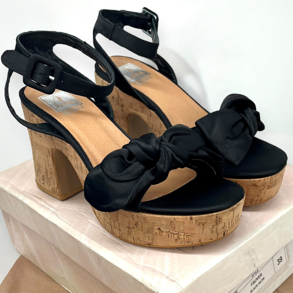 NWT Crosswalk Fauver Cork Wedge Heels Black Satin Bow Block Sandals Size 39 8.5 - Picture 7 of 7